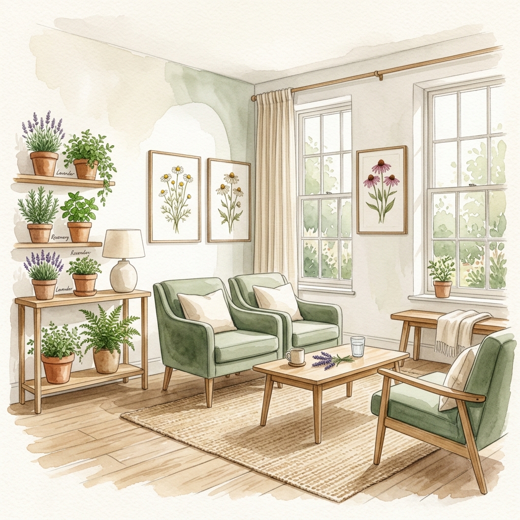 GeneticHomeopathy clinic interior with botanical decor and natural lighting