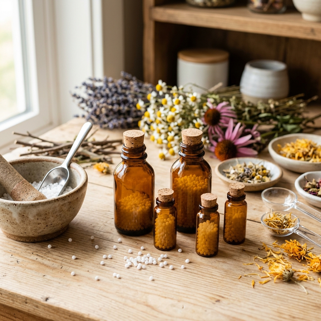Homeopathic medicine bottles with natural pellets and herbs