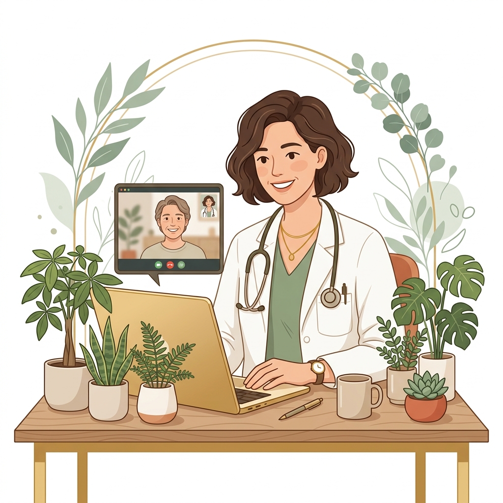 Illustration of a doctor conducting a telehealth video call surrounded by plants